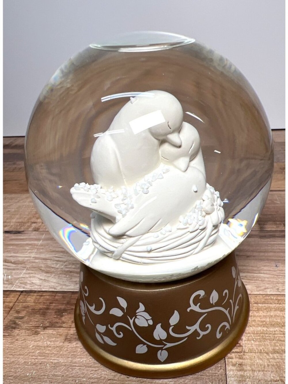 Hallmark Lovebirds Snow Globe With Gold Base & White Floral Design